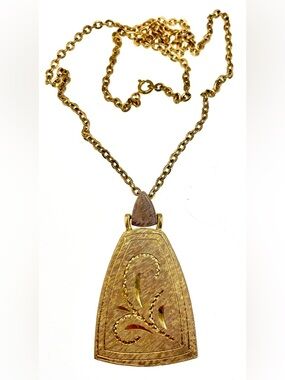 Vintage MCM Pendant Necklace Etched Floral Design Brushed Gold Tone